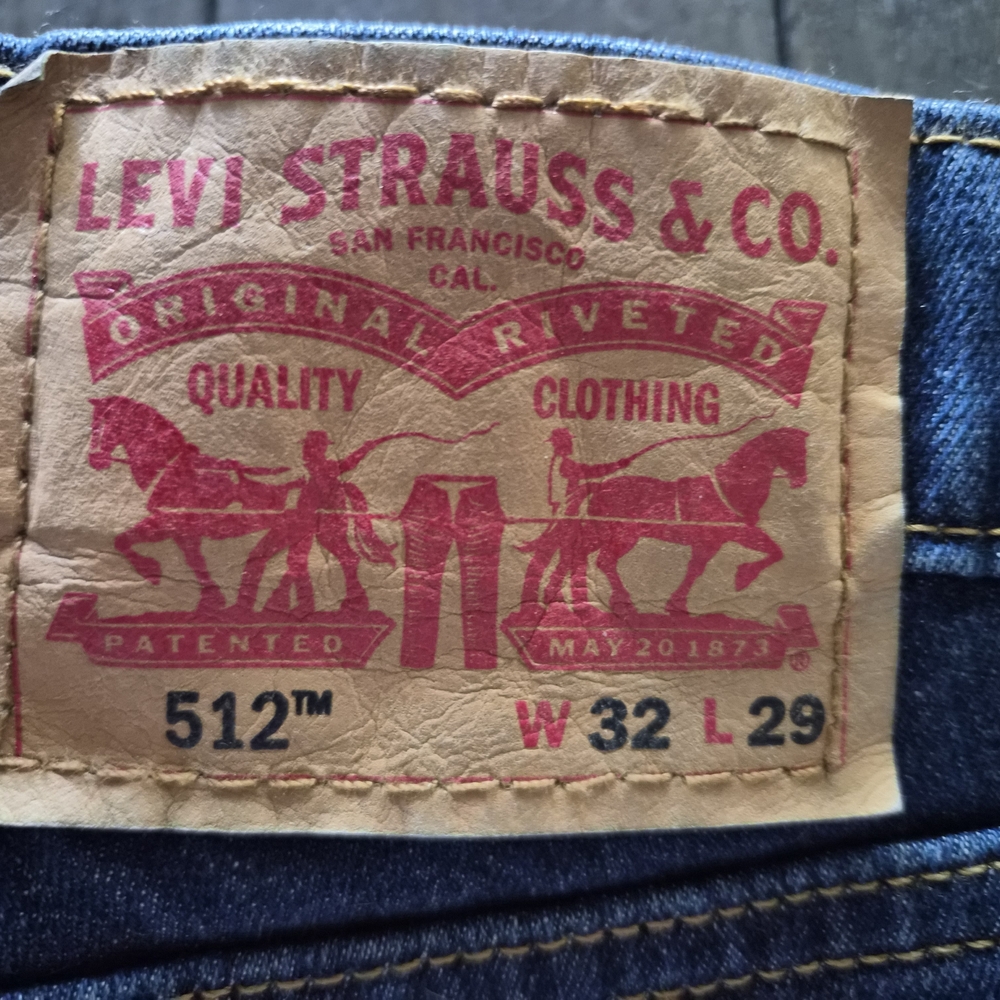 Levi's Men’s Jeans 512 — Blue Denim with Tan Leather Patch and Red Logo